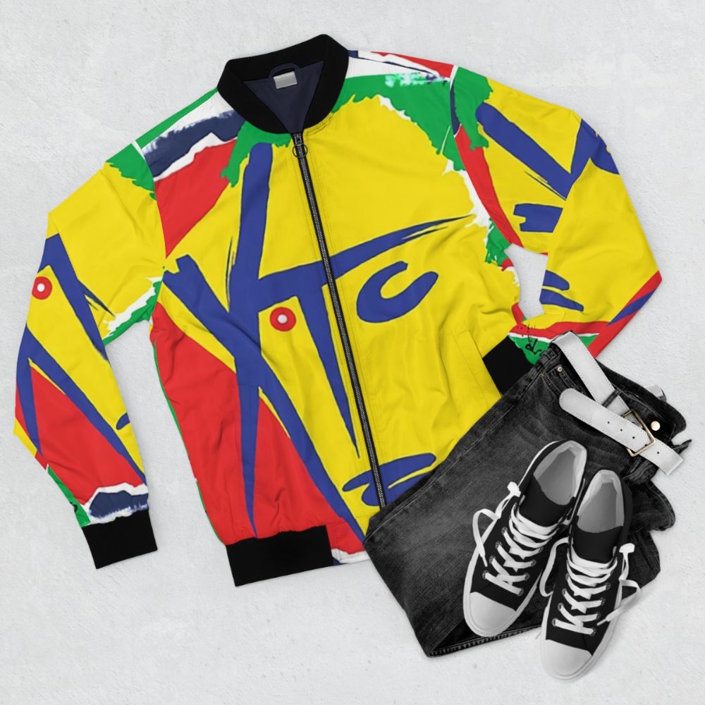 A bomber jacket featuring the XTC band logo and artwork - Flat lay