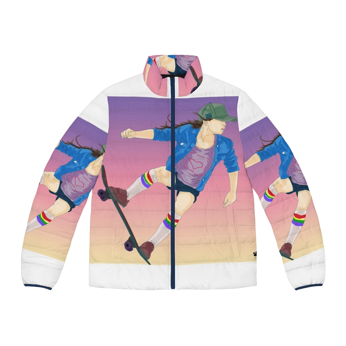 Colorful puffer jacket featuring a phoenix design against a vibrant sky