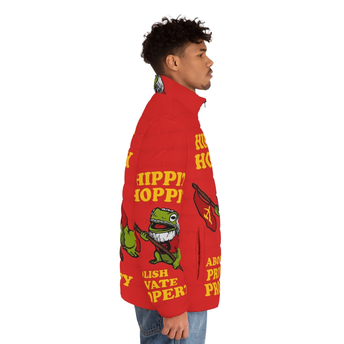 Hippity Hoppity Abolish Private Property Puffer Jacket featuring communist and socialist memes, hammer and sickle, and Che Guevara - men side right