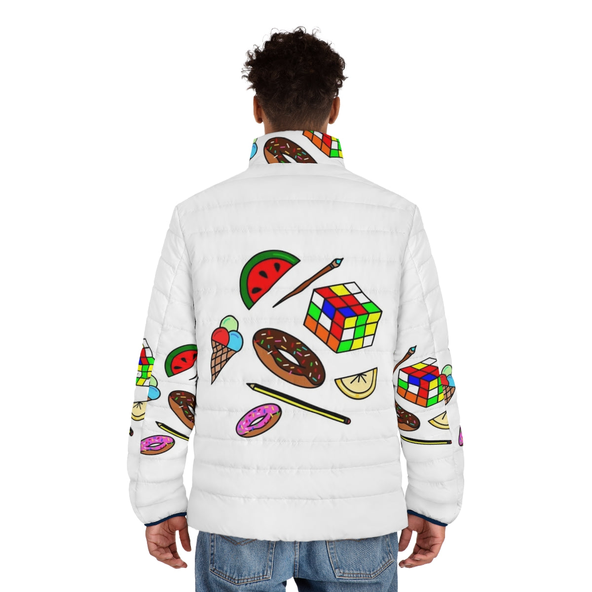 Colorful puffer jacket with hobbies and food designs for kids - men back