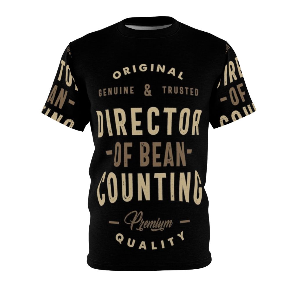 A graphic t-shirt design featuring the text "Director of Bean Counting" in an artistic typography style, suitable for accounting, finance, and office work professions.