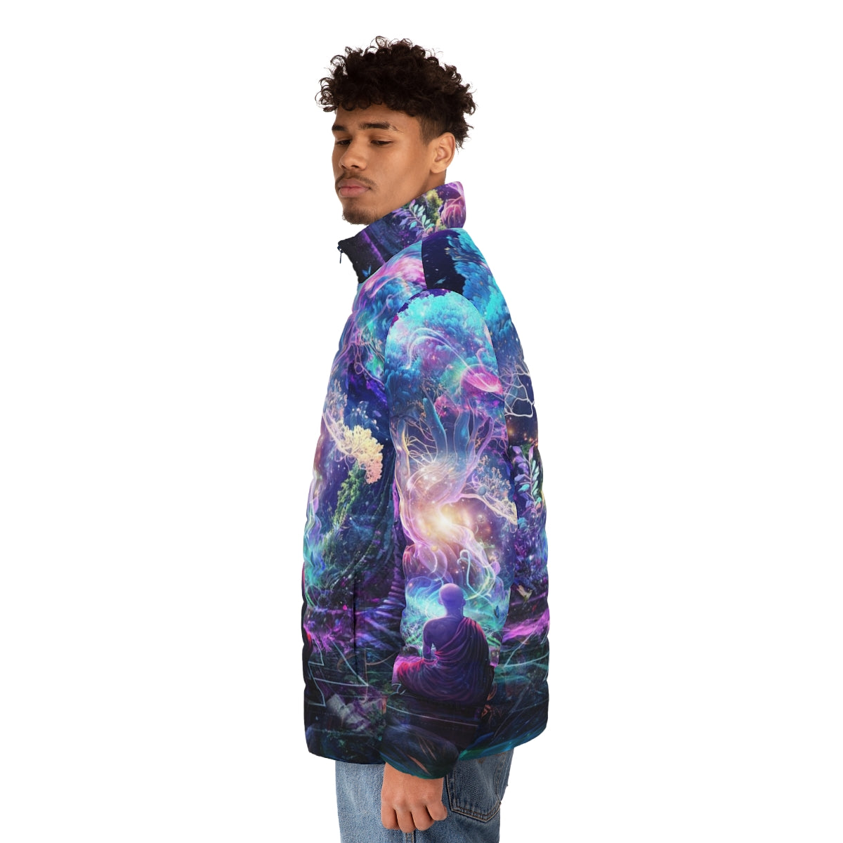 Midnight Garden Puffer Jacket featuring cosmic and spiritual design elements - men side left