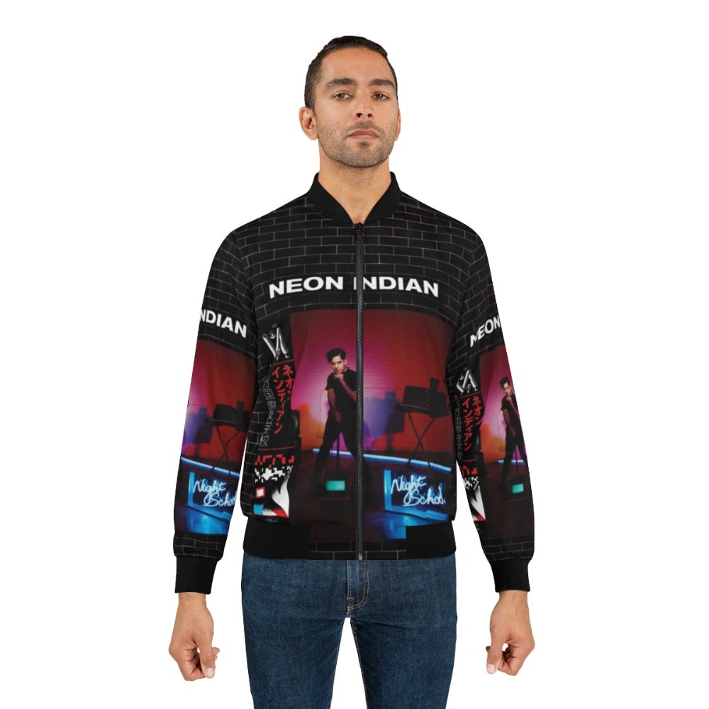 Neon Indian bomber jacket with retro electronic music and indie band graphics - Lifestyle