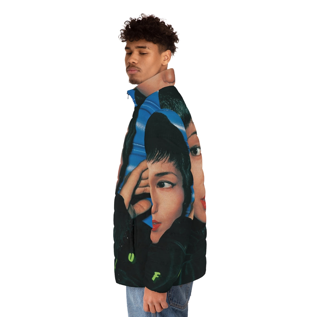 Junko Ohashi inspired vaporwave puffer jacket with retro 80s 90s colorful aesthetic - men side left