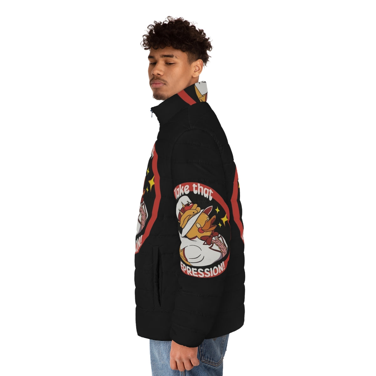 Hazbin Hotel Inspired Puffer Jacket with Lucifer, Alastor, and Angel Dust Graphics - men side left