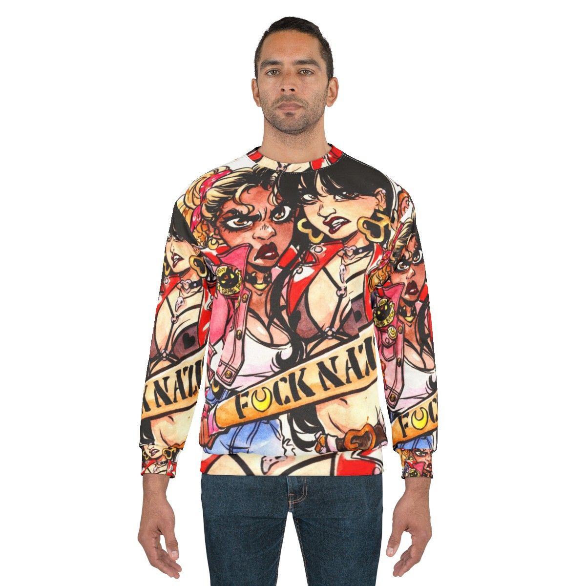 Watercolor art of magical girl superheroes on a sweatshirt - men