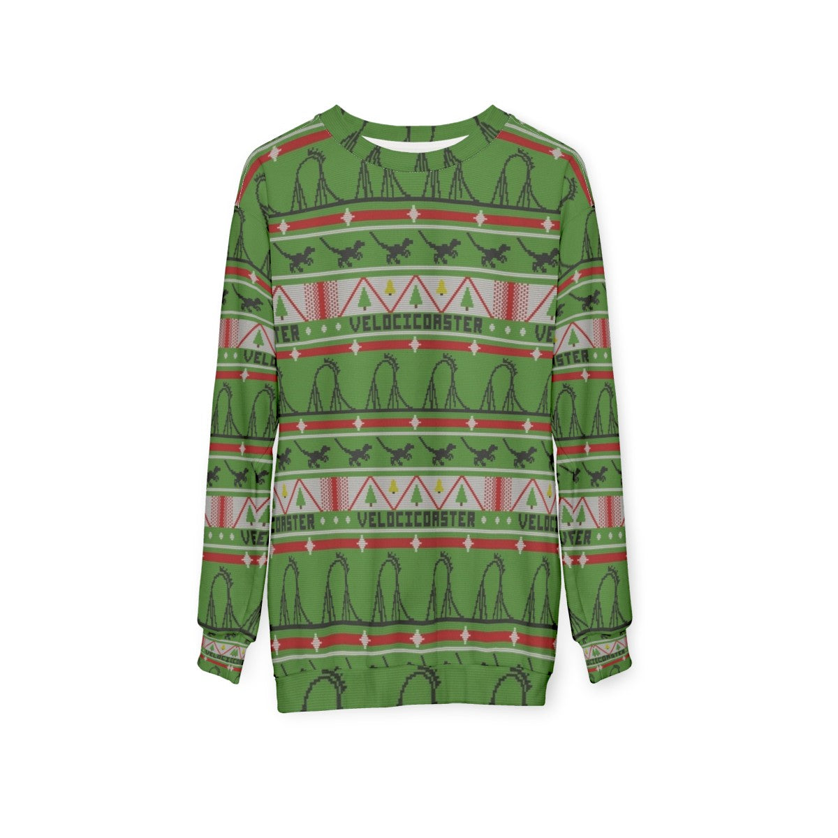 Velocicoaster Ugly Christmas Sweater Sweatshirt with Dinosaur and Roller Coaster Theme - hanging