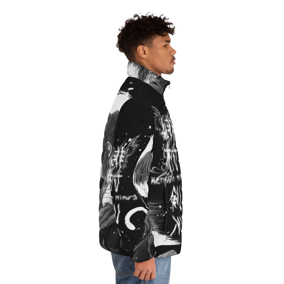 Quiet Snow Puffer Jacket with Japanese Inspired Anime Design - men side right