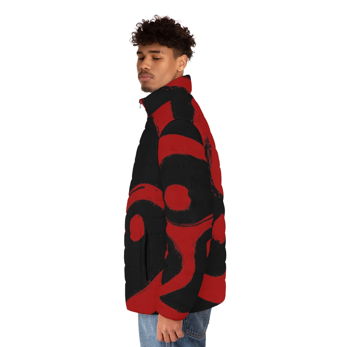 Red puffer jacket with triskelion design, BDSM and fetish inspired fashion - men side left