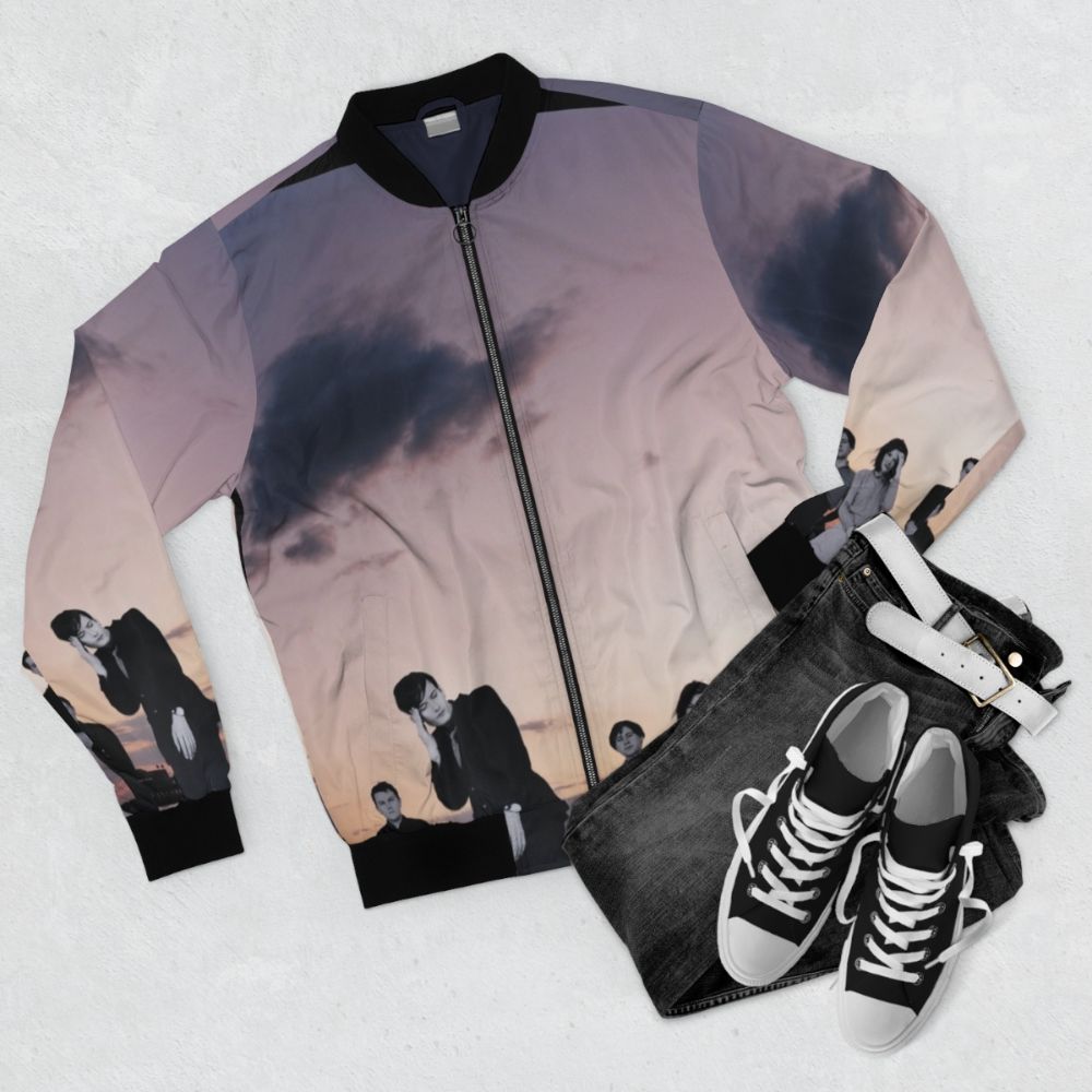 Vintage-inspired Brit rock bomber jacket with retro alternative music graphics - Flat lay