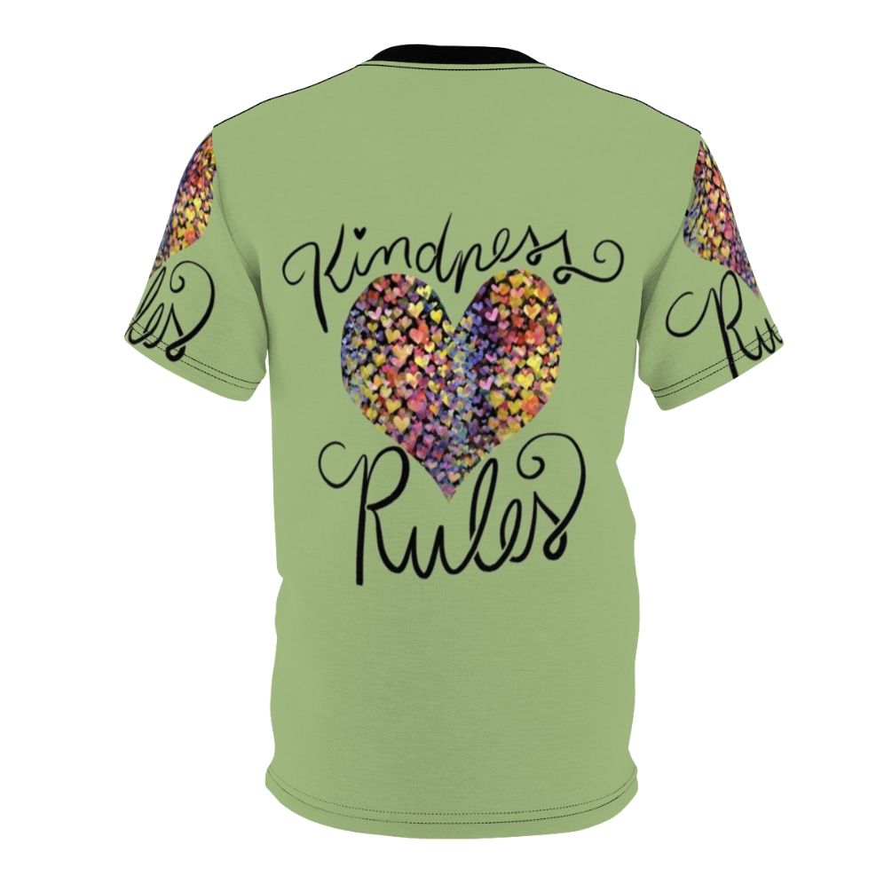 Colorful all-over-print t-shirt with the message "Kindness Rules" - Back