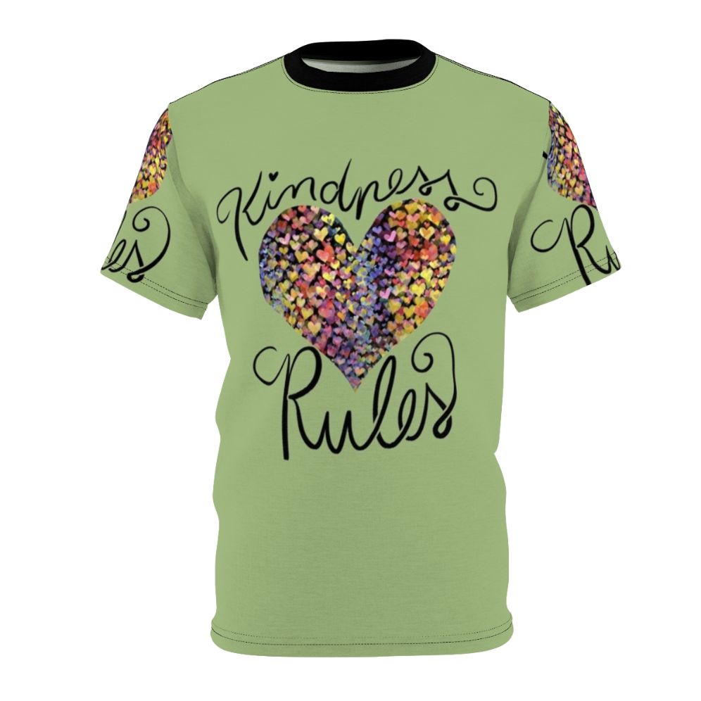 Colorful all-over-print t-shirt with the message "Kindness Rules"