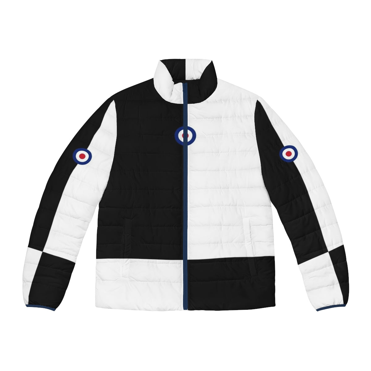 Mod-inspired black and white puffer jacket with mod logo