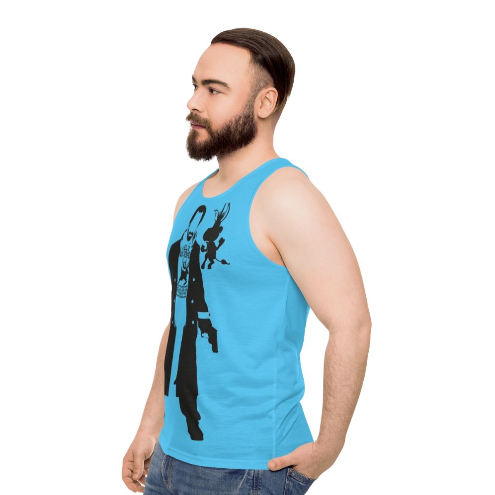 Unisex tank top with movie and anime-inspired minimal design - men side