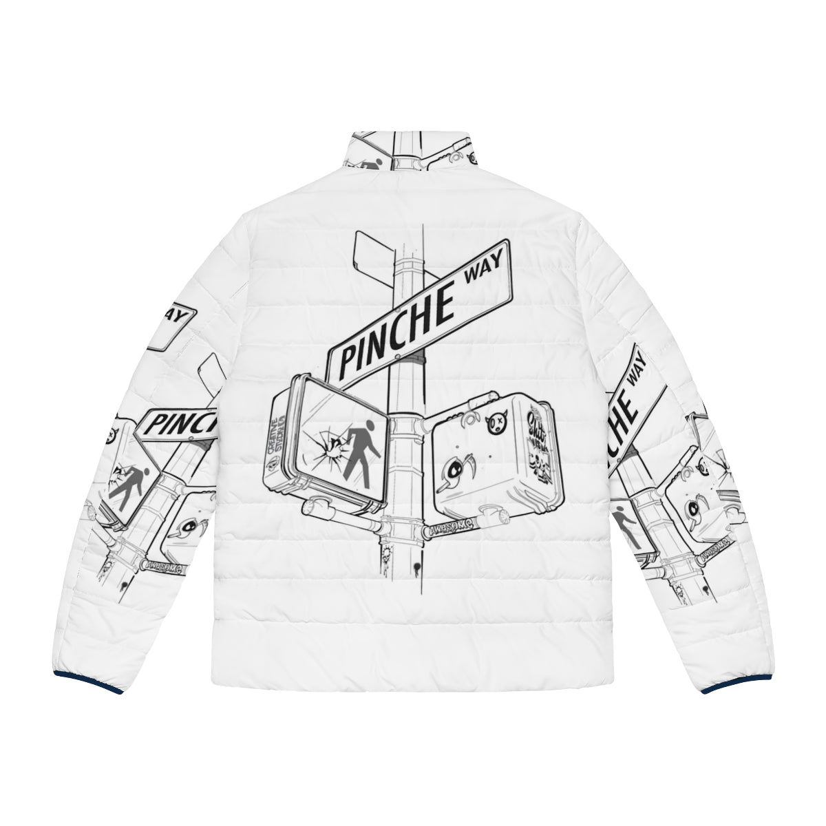 Pinche Way NY Street Sign Puffer Jacket featuring a vibrant street style design - Back