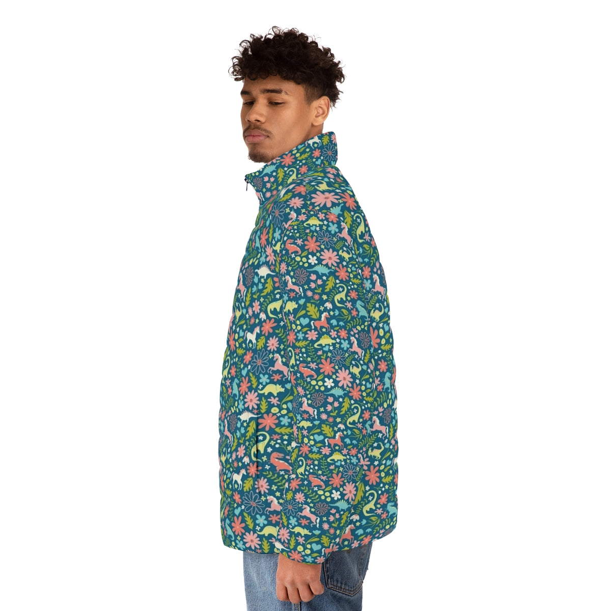 Colorful dinosaur and unicorn puffer jacket with floral pattern - men side left