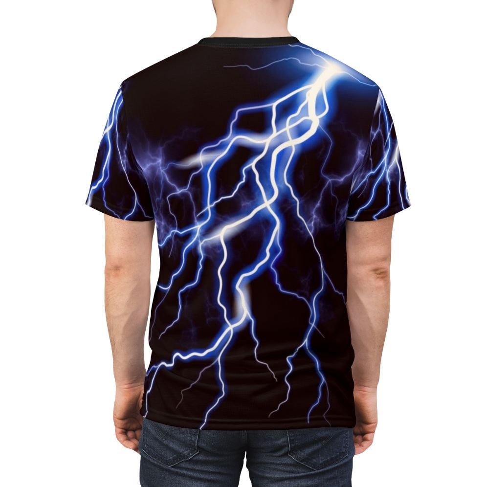 Person wearing a t-shirt with a vibrant lightning bolt graphic design on a night sky background - men back