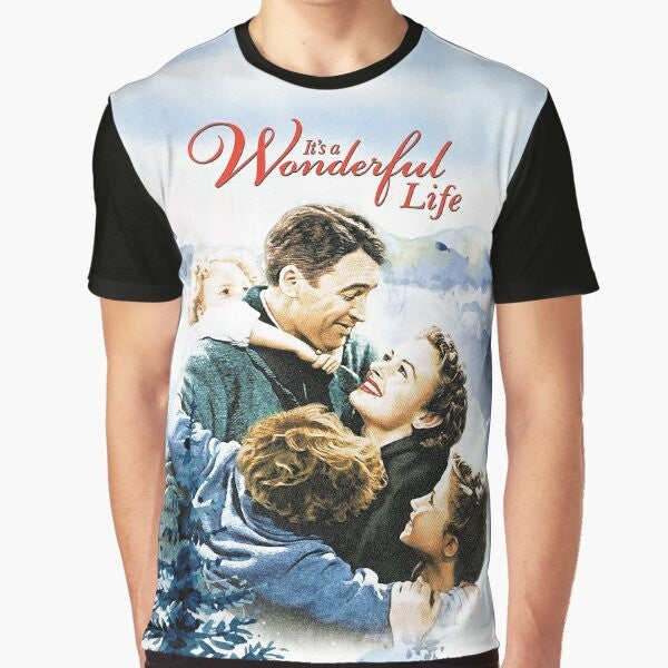 "It's a Wonderful Life" movie scene graphic t-shirt featuring a winter landscape and the classic tagline "It's a Wonderful Life"