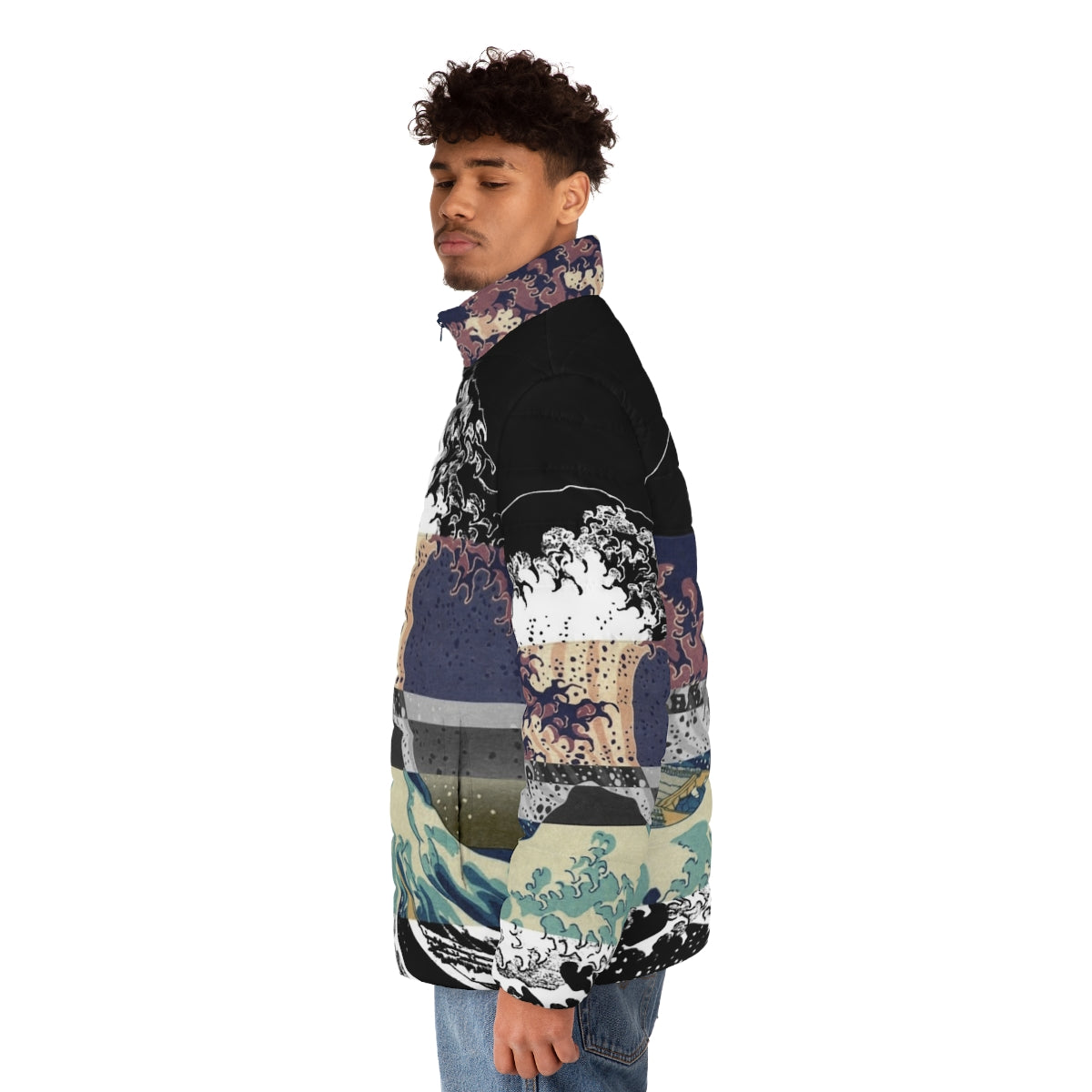 A puffer jacket featuring the iconic "Great Wave off Kanagawa" design with a color glitch effect, inspired by Japanese art and Tumblr aesthetics. - men side left