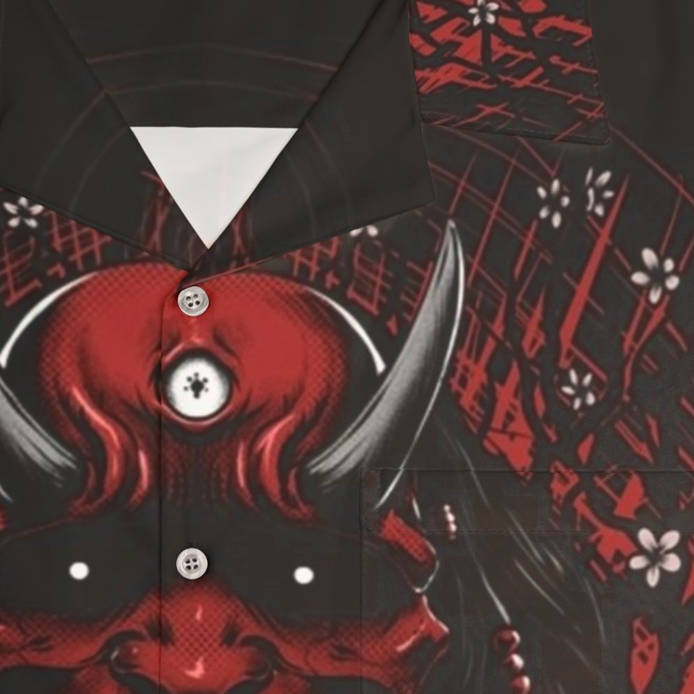 Oni Hawaiian Shirt with Demon, Skull, and Sakura Floral Design - Detail