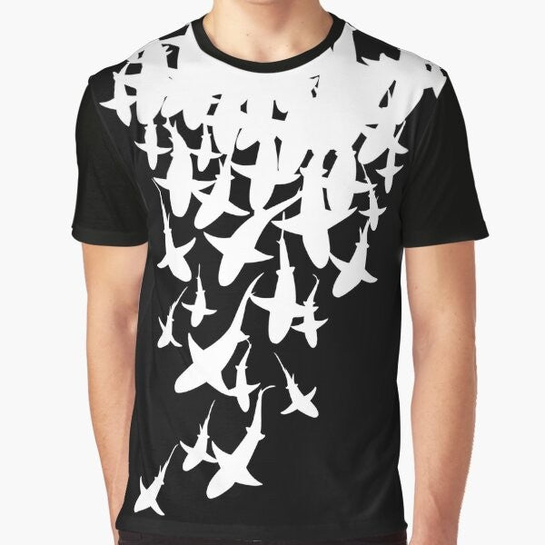 Sharks V2 Graphic T-Shirt featuring a stylized shark design in an ocean pattern