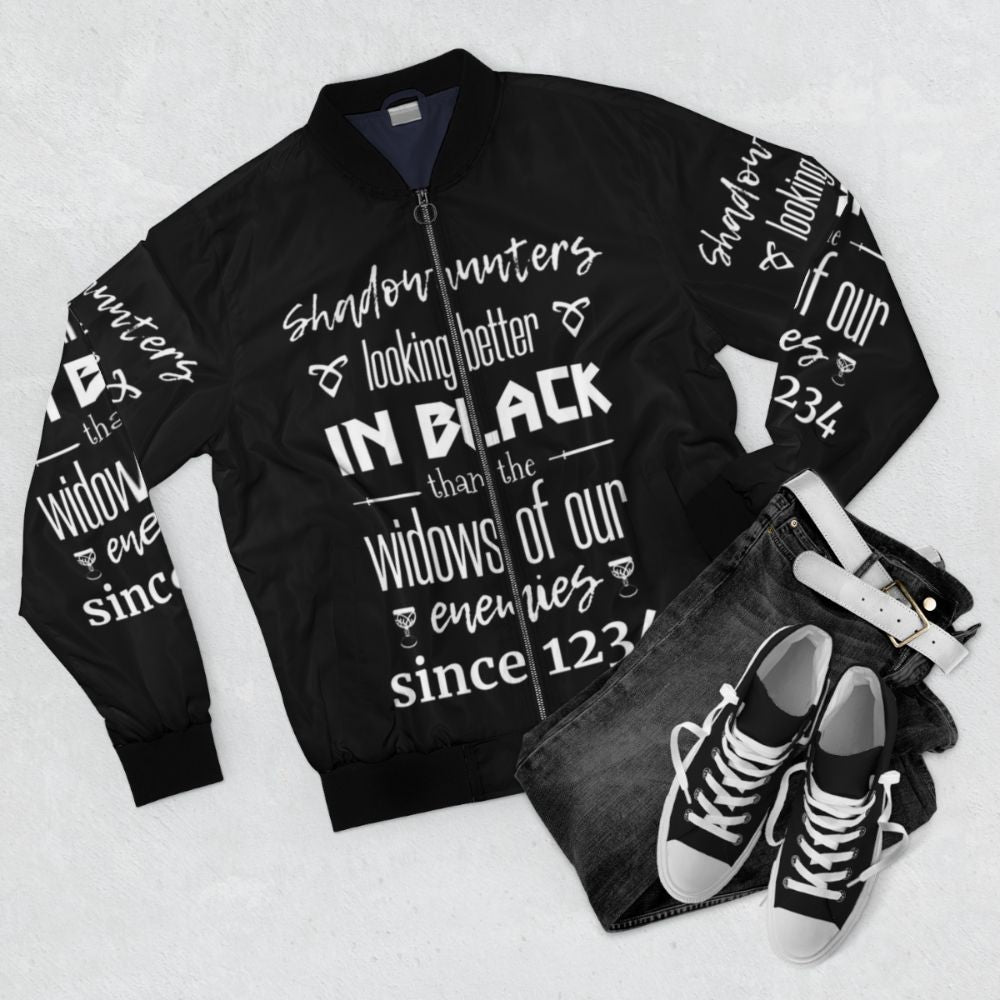 Shadowhunters Black Bomber Jacket with Shadowhunter-inspired Quotes and Characters - Flat lay