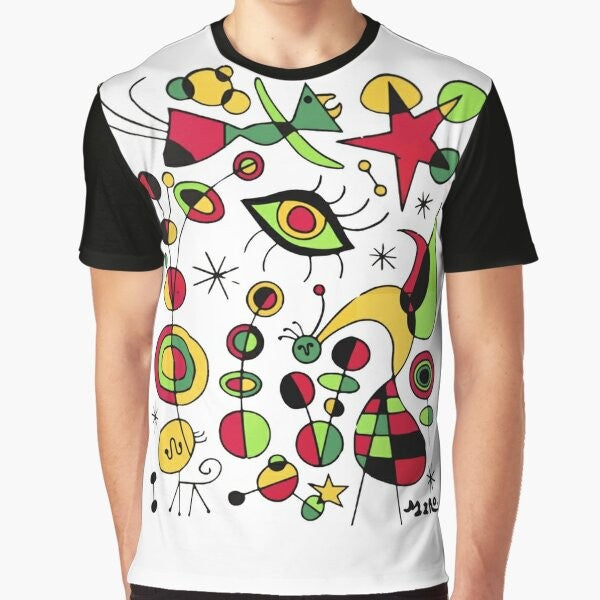 Joan Miro inspired t-shirt design featuring colorful fish in a surrealistic style