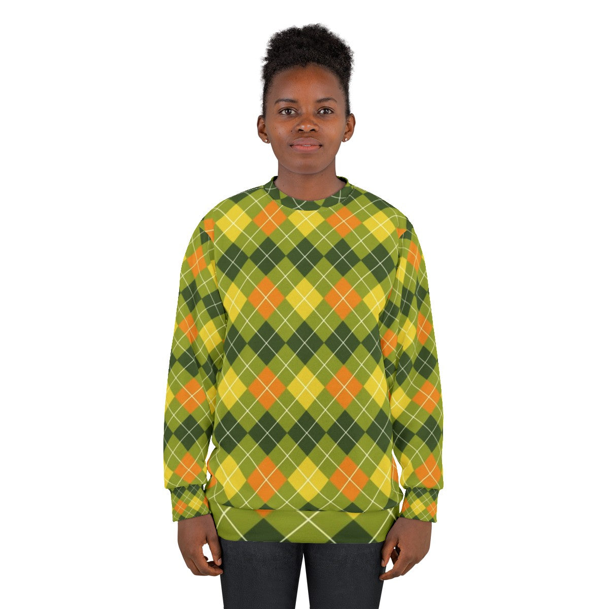 Yellow, orange, and green argyle pattern sweatshirt - women