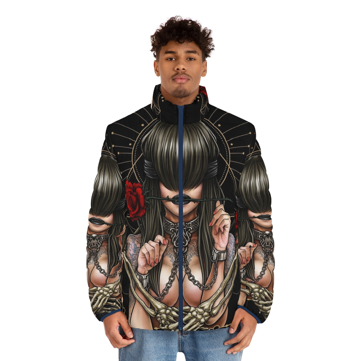 Enchanting "See No Evil" Puffer Jacket featuring surreal gothic design with mystical creatures and sacred geometry - men front