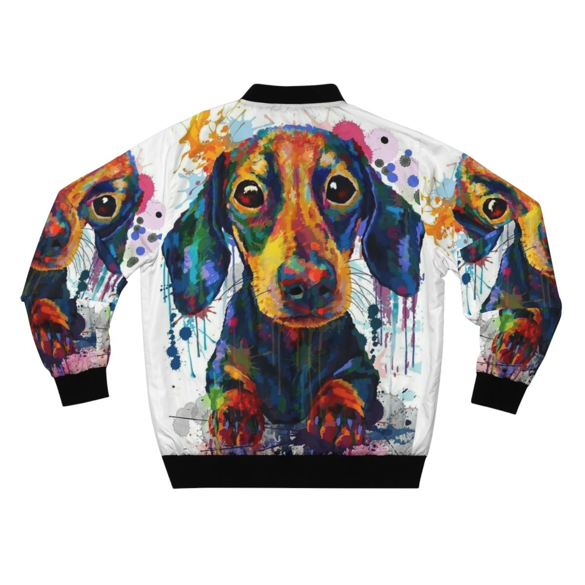 A black bomber jacket with a cute dachshund dog art design. - Back