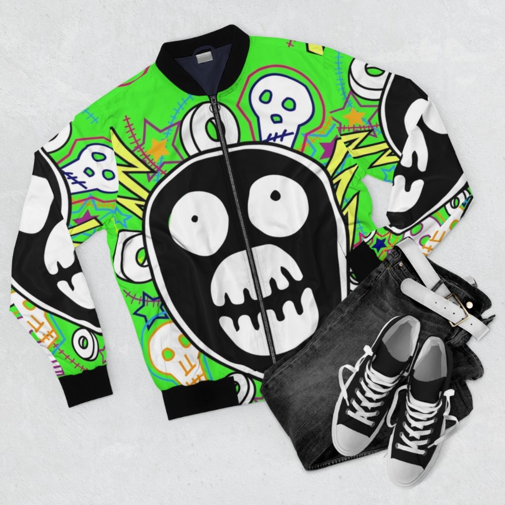 The Mighty Boosh logo printed on a stylish bomber jacket - Flat lay