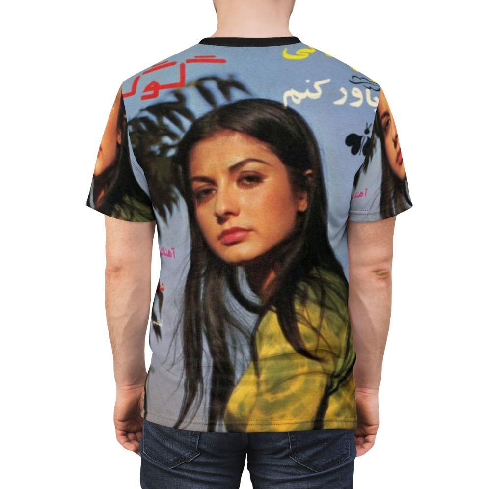 Vintage-style t-shirt featuring the album cover art of renowned Iranian pop singer Googoosh - men back