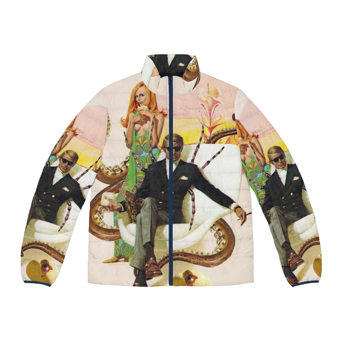 Agent Lovecraft cosmic horror inspired puffer jacket with surreal, pulp, and vintage design elements