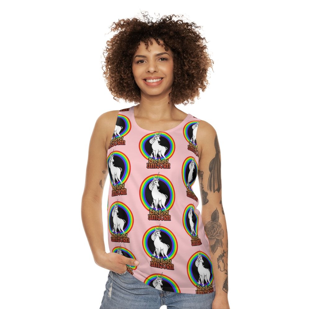 Unisex tank top featuring a white unicorn against a rainbow backdrop - women