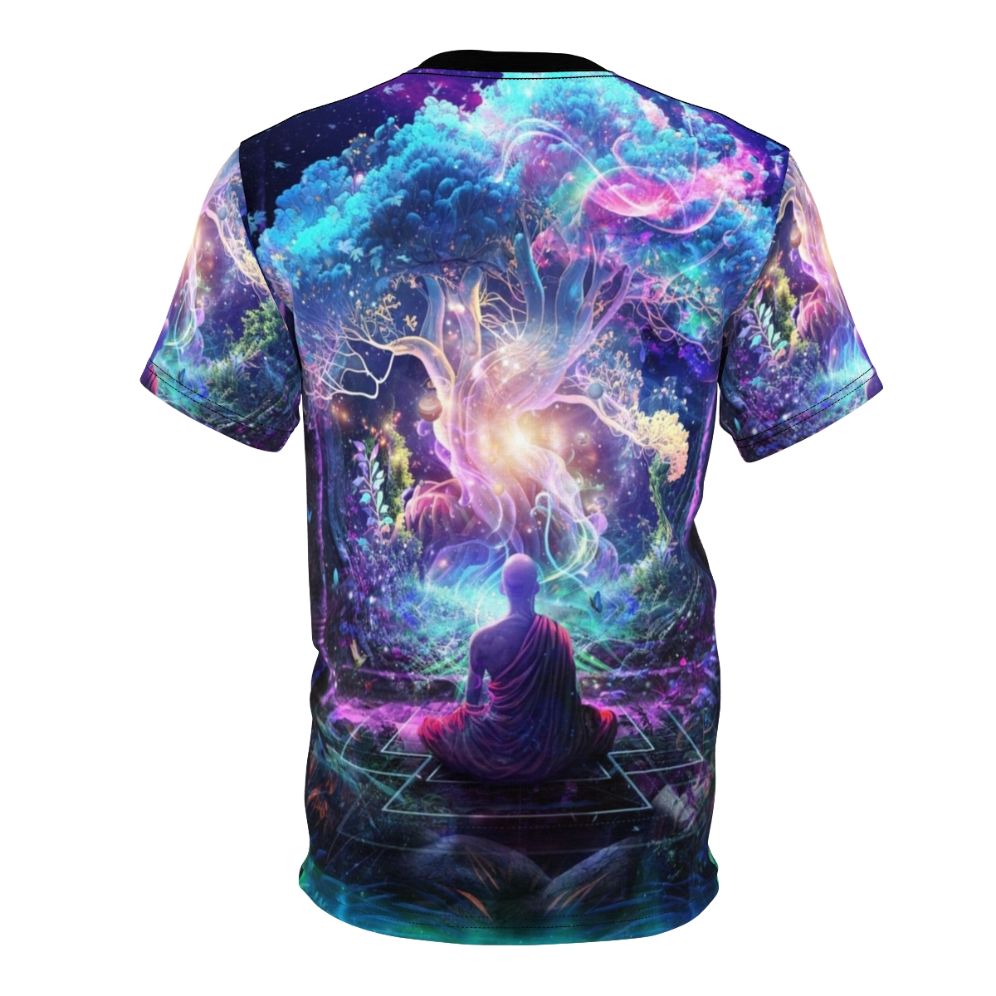 Visionary art t-shirt featuring a cosmic, jungle-inspired design with blue, neon, and spiritual elements. - Back