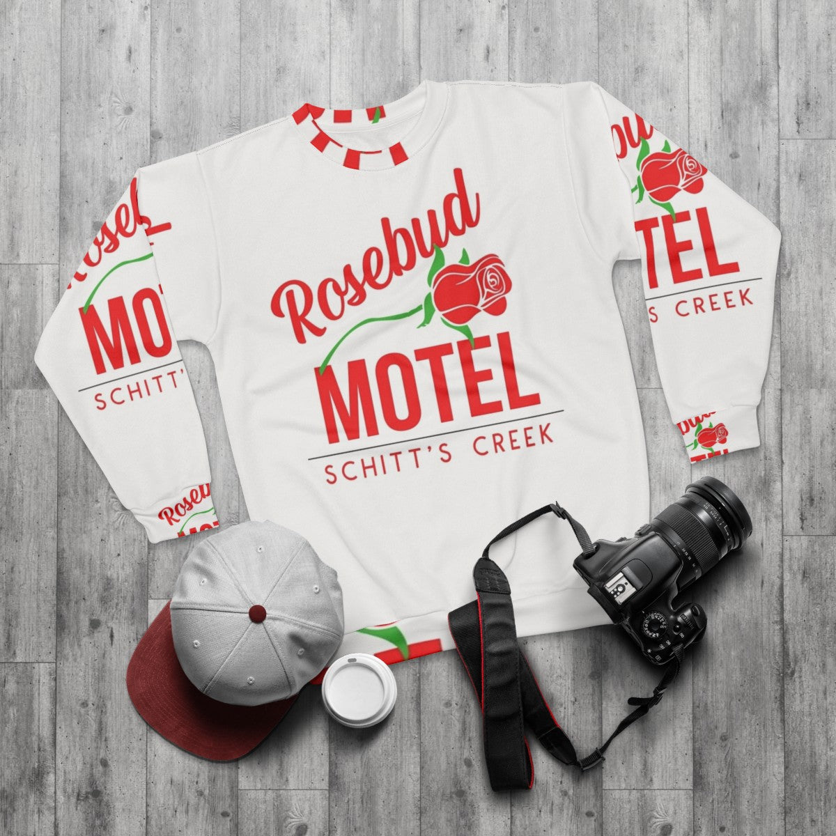 Rosebud Motel Schitt's Creek Sweatshirt featuring the Rose Family - flat lay