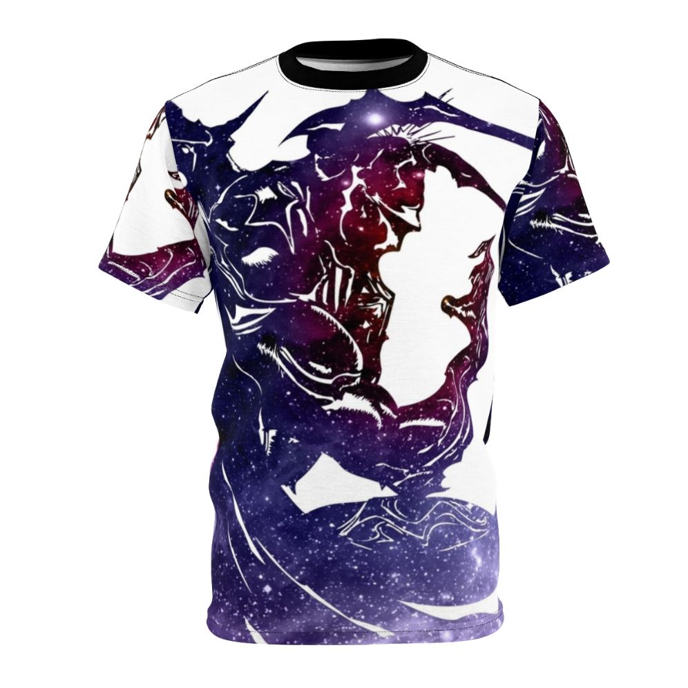 A white all-over print t-shirt with a cosmic galaxy design, inspired by the Final Fantasy IV video game series.