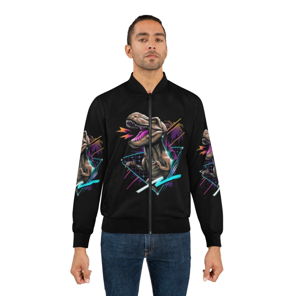 Tyrannosaurus Rex Bomber Jacket with Retro 80s Dinosaur Design - Lifestyle