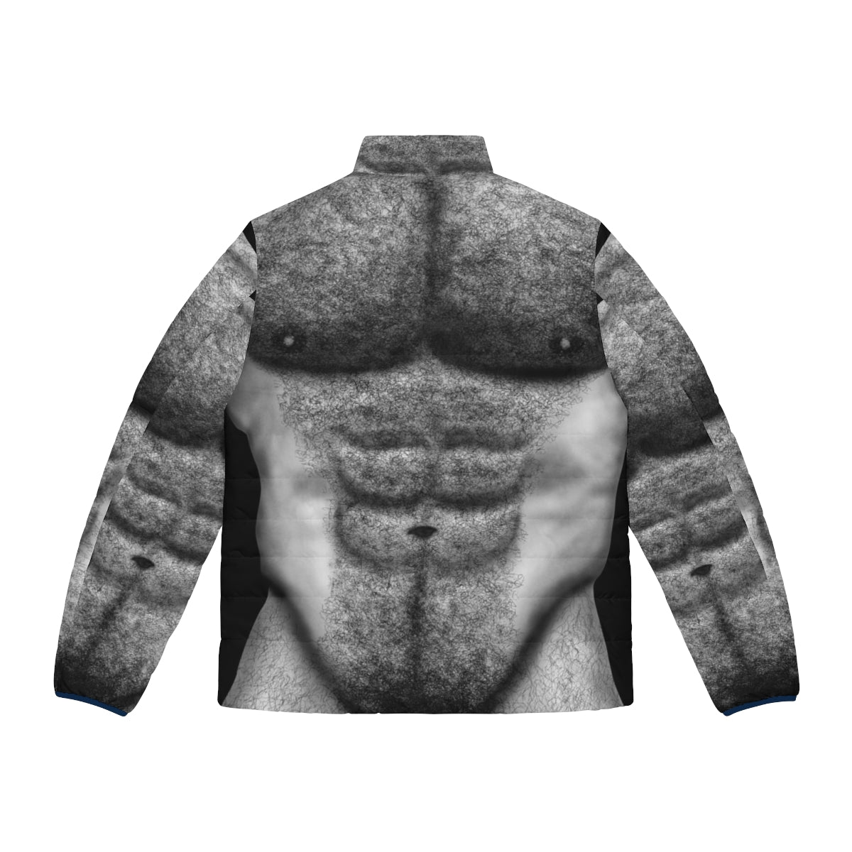 Muscular hairy male torso in a black and white puffer jacket - Back