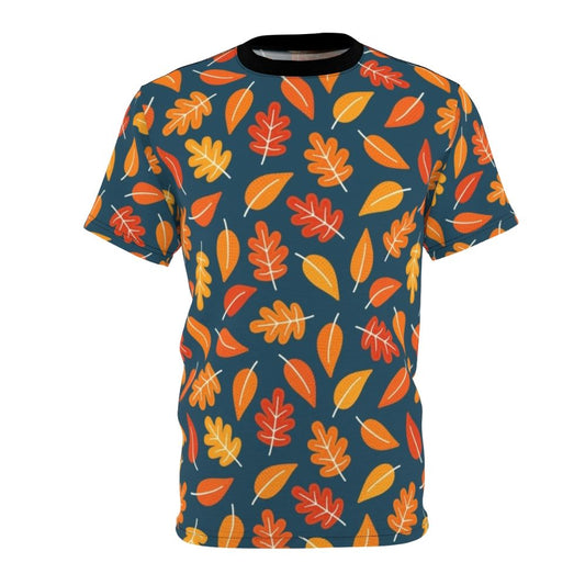 Retro autumn leaves pattern printed on an indigo blue t-shirt