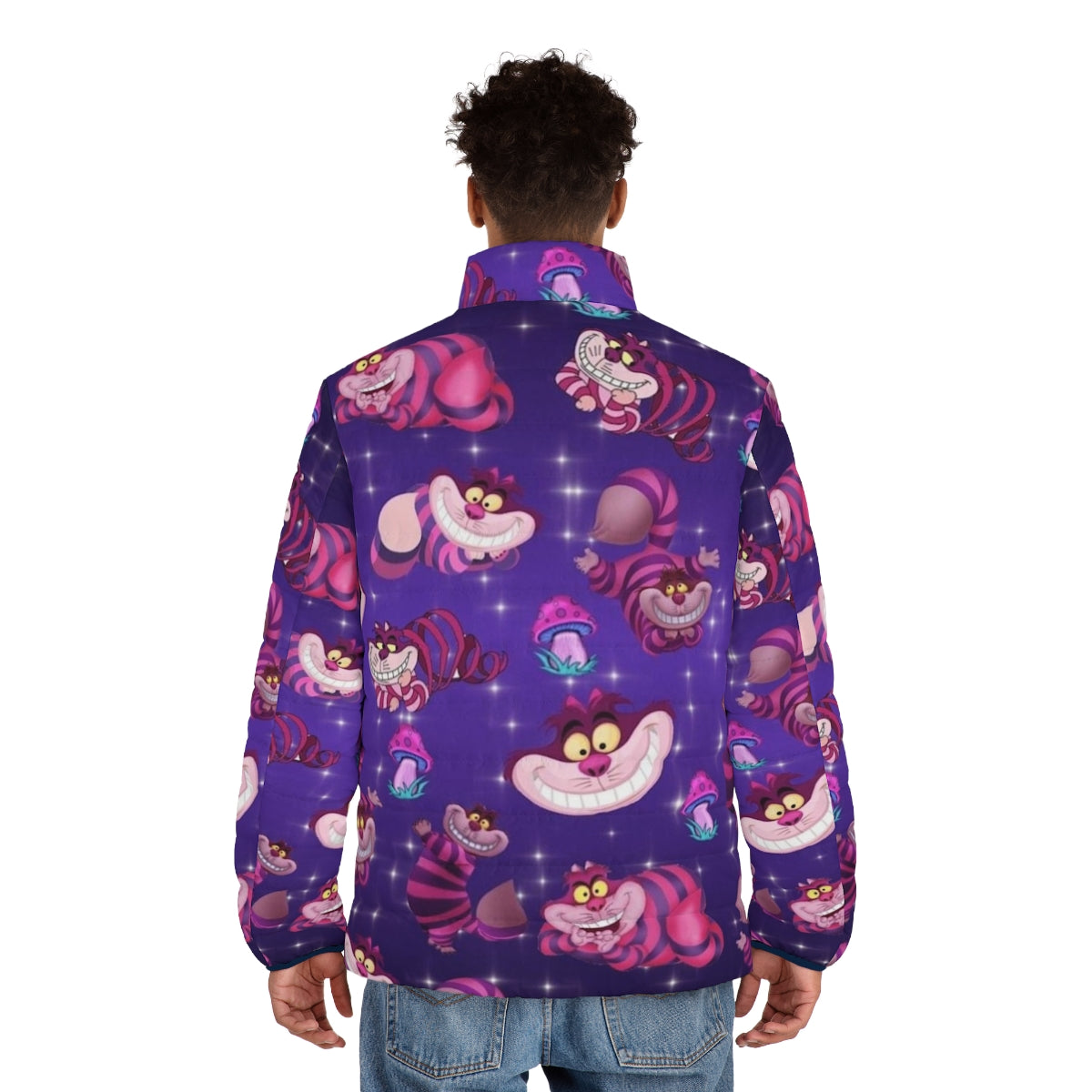 A purple puffer jacket with mushroom and cheshire cat designs, perfect for the autumn season. - men back