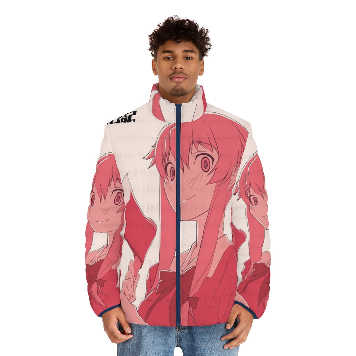 Mirai Nikki anime-inspired puffer jacket featuring Yuno Gasai design - men front