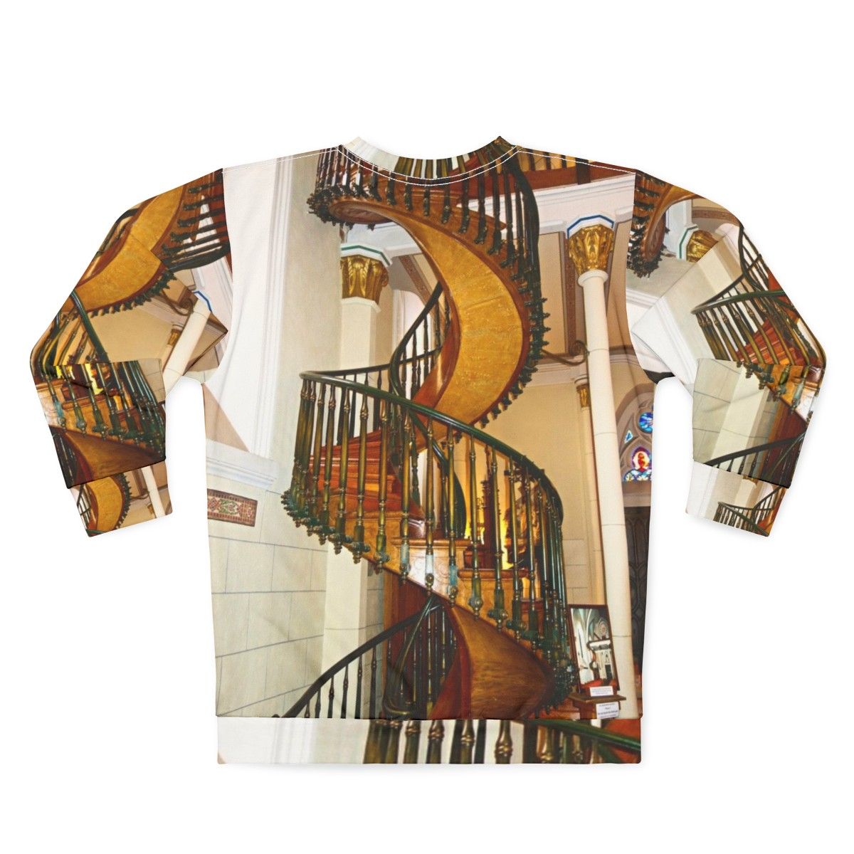 Loretto Chapel Staircase Sweatshirt featuring the iconic wooden spiral staircase in Santa Fe, New Mexico - Back