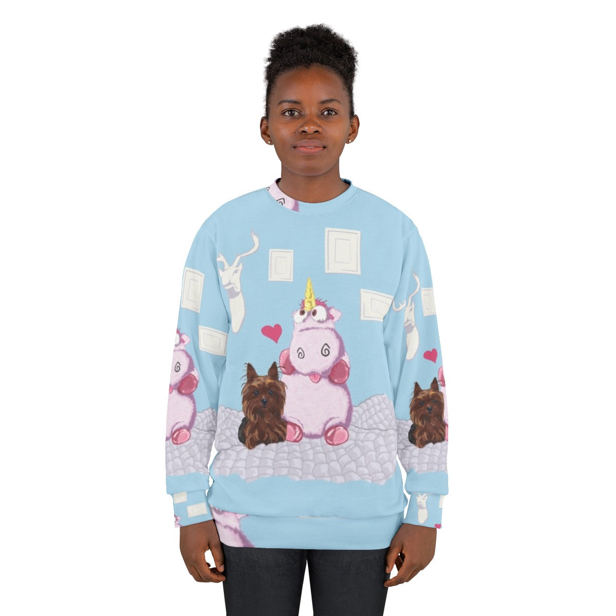 Cute family portrait sweatshirt featuring a legendary unicorn and yorkie dog - women