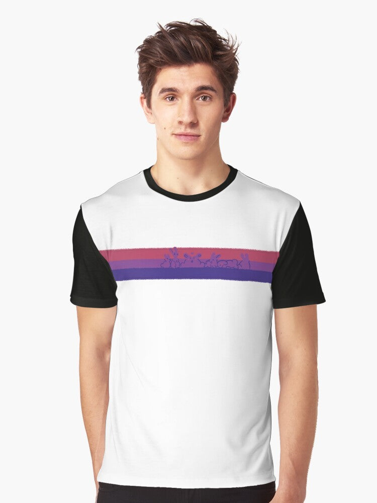 Bi pride graphic t-shirt featuring cute rabbits or bunnies in the bisexual pride flag colors. - Men