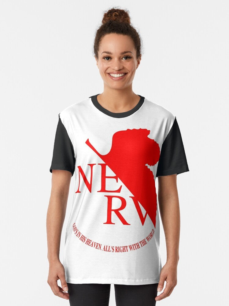 Nerv Logo Neon Genesis Evangelion Graphic T-Shirt featuring characters Asuka Langley, Shinji Ikari, and Rei Ayanami - Women