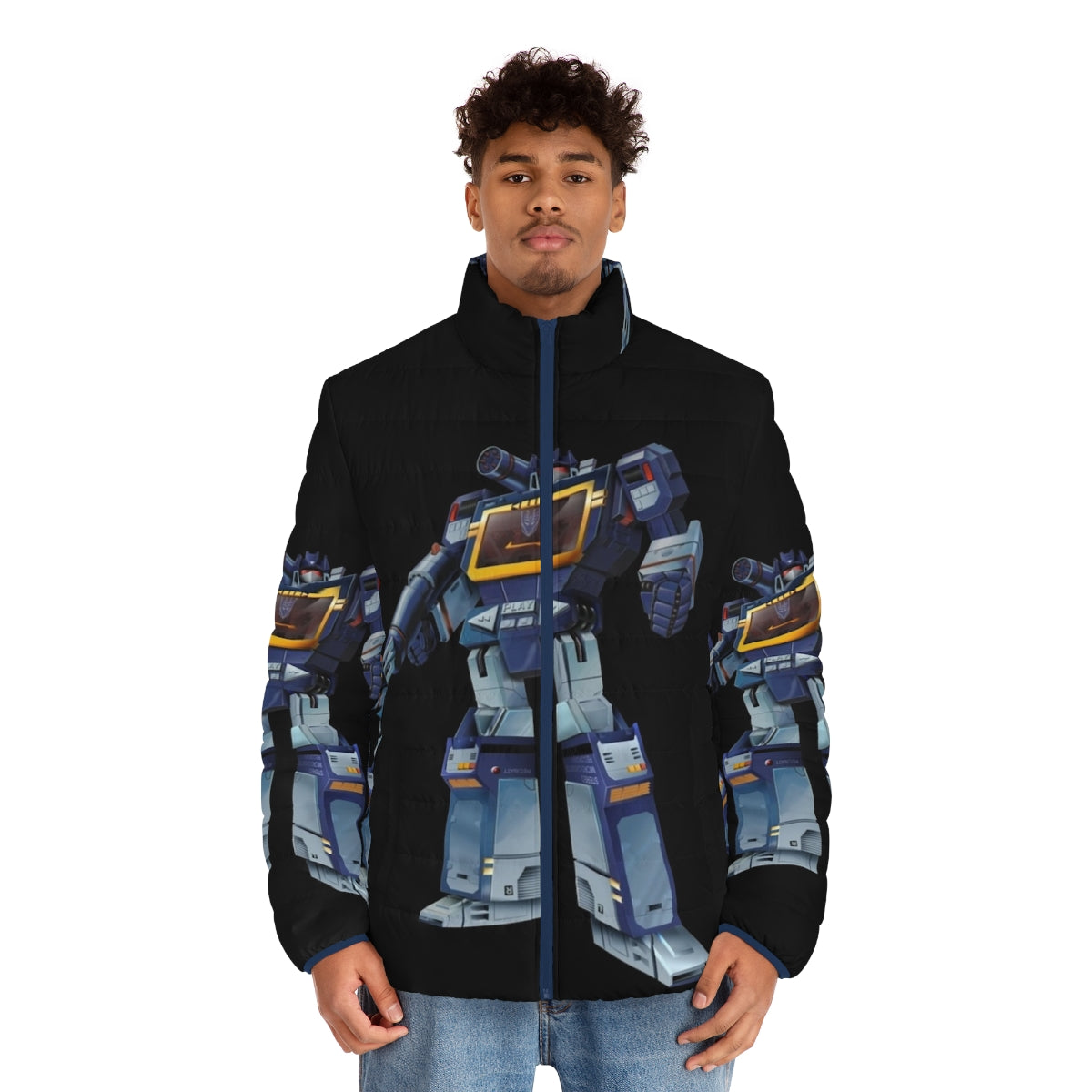 Masterpiece Soundwave Transparent Puffer Jacket with Transformers Decepticon Design - men front