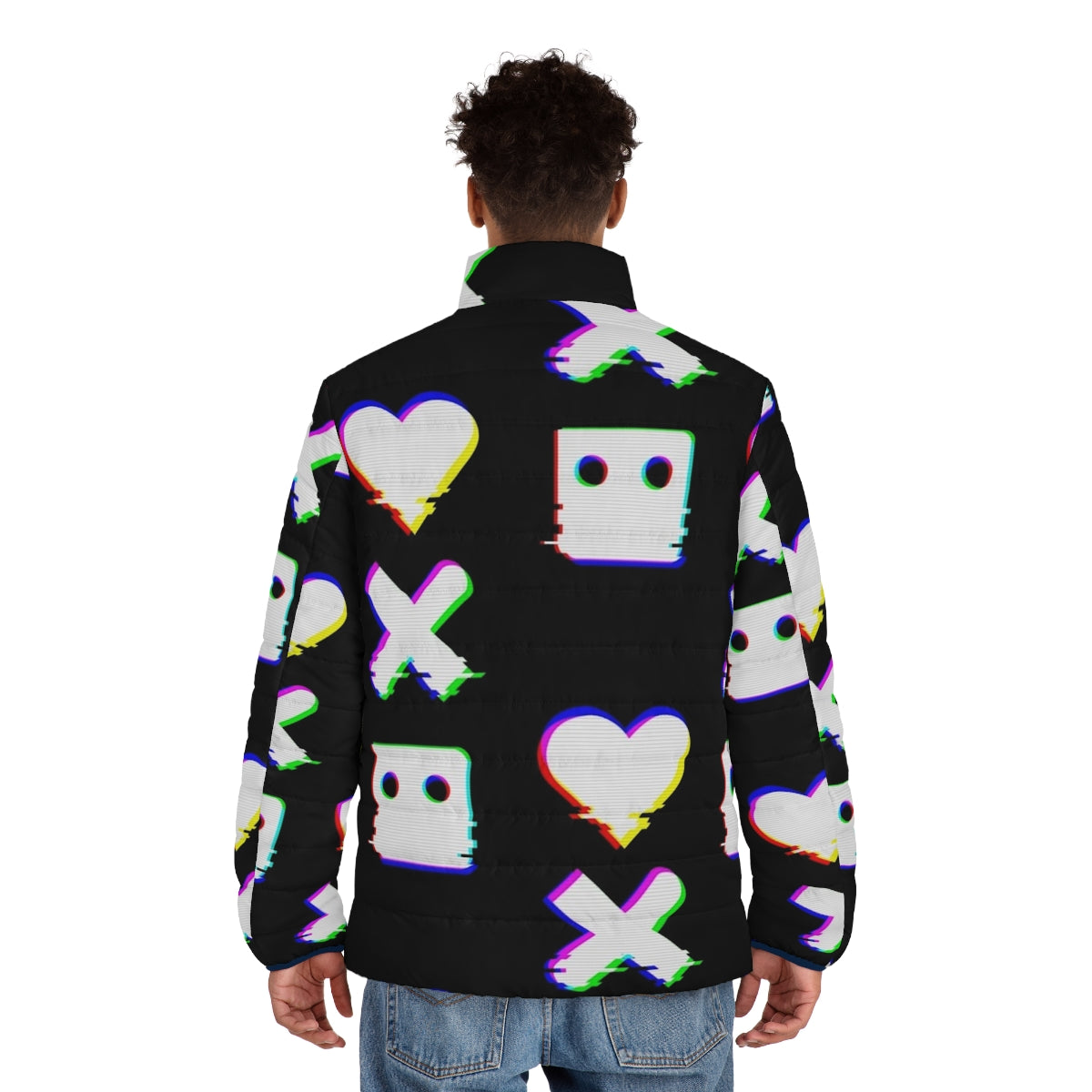 Cyberpunk-inspired puffer jacket with glitch-effect design inspired by the anime series Love, Death & Robots - men back