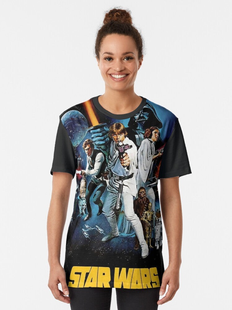 Man standing on the moon wearing a graphic t-shirt with a space-themed design - Women