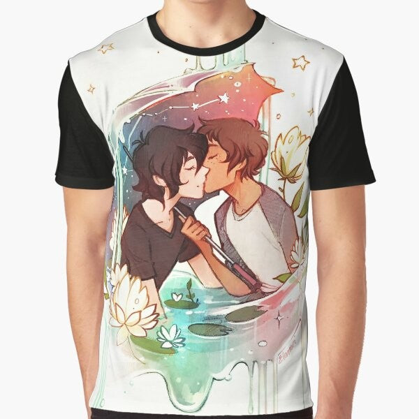 A graphic t-shirt design featuring characters from the Voltron anime series, including Keith and Lance, set against a night sky full of stars.